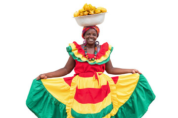 Happy, smiling Palenquera fresh fruit street vendor typical of Cartagena, Colombia, isolated in...