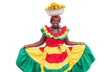 Happy, smiling Palenquera fresh fruit street vendor typical of Cartagena, Colombia, isolated in transparent PNG. Cheerful Afro-Colombian woman in traditional clothing, Colombian culture and lifestyle.