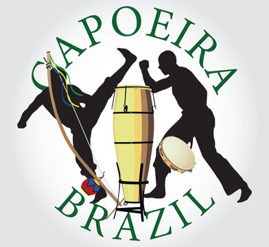 Capoeira fighters dance berimbal atabaque brazil