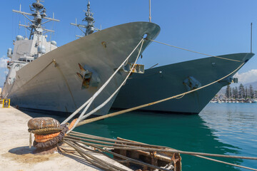 Motril, Granada-Spain; May 31 - 2023: Two warships of the Spanish navy docked in parallel in the...