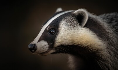  a close up of a badger face with a black background.  generative ai