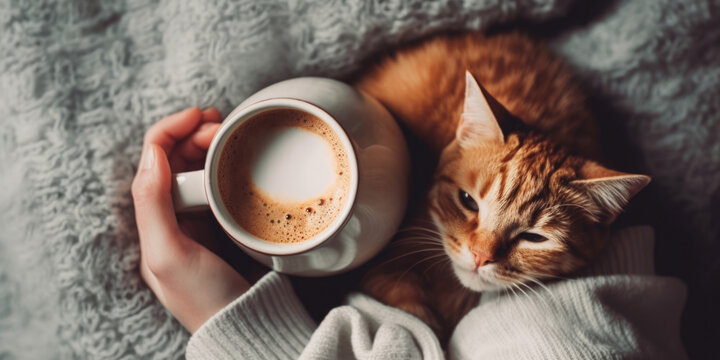 Top view of carefree cute ginger cat lying on the bed. Cozy morning at home, woman hands holding a cat and a cup of coffee
