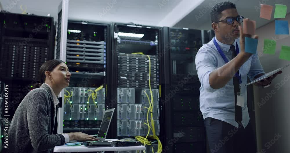Poster Programmer team, IT server and planning of staff with computer hardware and information technology. Cyber security, moodboard and network system strategy of company group talking in data center