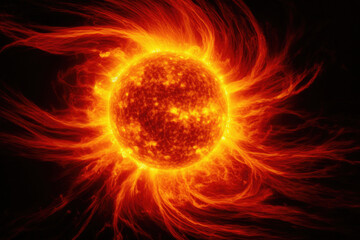 Surface of sun with prominences, solar radiation and magnetic storm. Solar plasma flames. Sun star in space. Created with Generative AI
