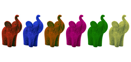 illustrazione su sfondo trasparente di sagome, figure in forma di piccolo elefante in colori differenti allineate - obrazy, fototapety, plakaty