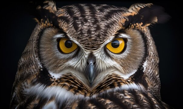  a close up of an owl's face with yellow eyes.  generative ai