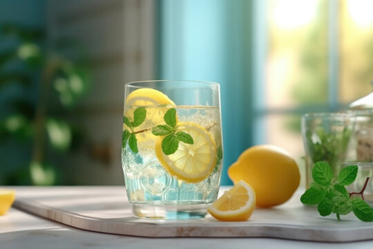 Lemonade at table in kitchen with morning sunlight. Glass of water with lemon and mint. Refreshment drink. Created with Generative AI