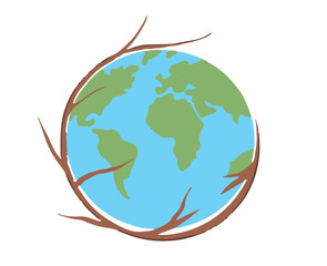 Dried branches surround the earth, circular shape, editable. World Environment Day