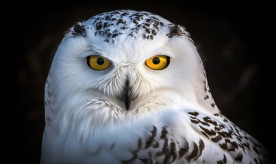 Obraz premium a white owl with yellow eyes is looking at the camera. generative ai