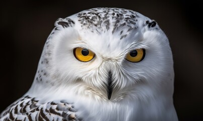  a white owl with yellow eyes is looking at the camera.  generative ai