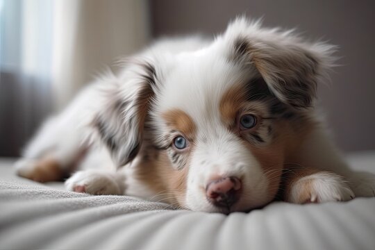Australian shepherd puppy with blue eyes lying on a bed at home. AI Generated