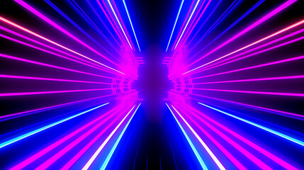 Abstract background with glowing neon lines in blue and ultraviolet colors. Synthwave retro futuristic design with grids, AI generated	
 - obrazy, fototapety, plakaty