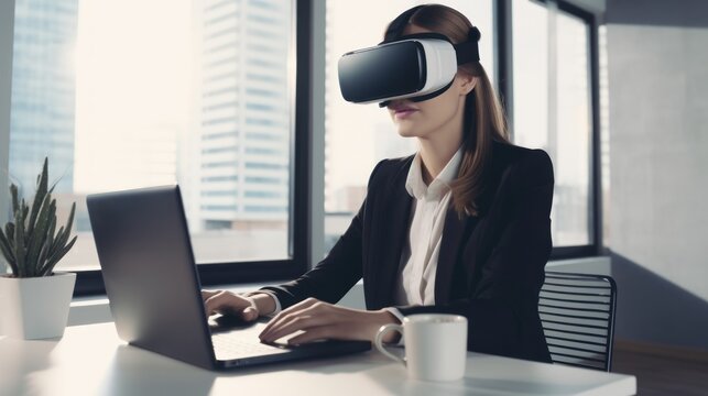 Generative AI Business woman using virtual reality simulator at laptop