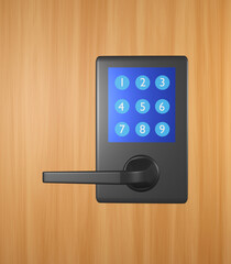 Smart lock door mounted on wooden door with number for pressing code, password security. 3D render illustration