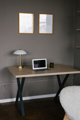 Cozy minimal scandinavian home living room with work space