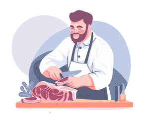 Male butcher chef cuts meat, vector illustration