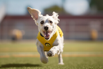 cute baseball player dog wearing yellow uniform, Generative AI