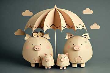 ai generated Illustration family piggybank with umbrella