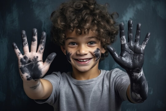 Cheerful boy showing painted hands. Created with Ai