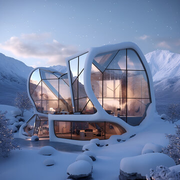 Futuristic house in winter covered with snow, in the style of vray tracing, mountainous vistas, contemporary glass, infinity nets, soft and rounded forms, glazed surfaces. Generative AI