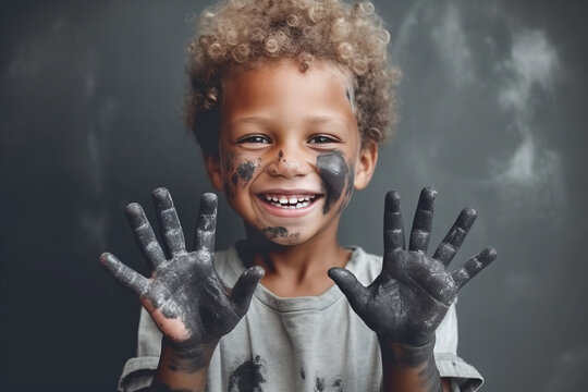 Cheerful boy with painted hands. Created with Ai