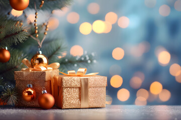 Gift box and balls, simple christmas background with bokeh lights, AI generated