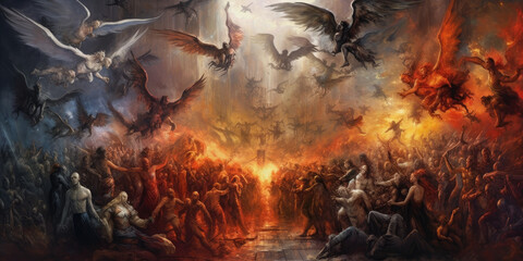 heaven and hell with many lost souls, angels fight, background image - obrazy, fototapety, plakaty