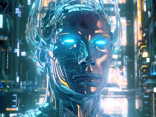 a robot man face  on a modern technologic environment - Artificial intelligence concept illustration. Generative AI