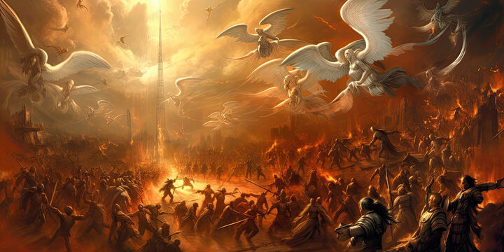 heaven and hell with many lost souls, angels fight, background image
