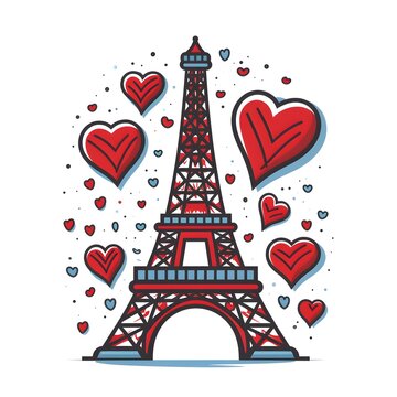 Eifel tower illustration with colorful hearts around