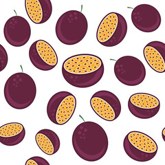 Vector Seamless Passion Fruit Pattern with Brown Seeds on White Background. Tropical Food Texture
