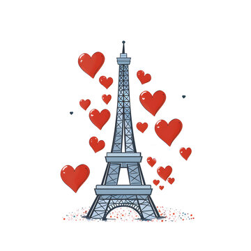 Eifel tower illustration with colorful hearts around, AI generated