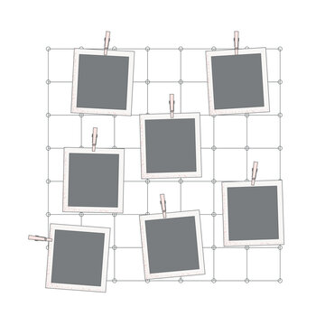 Metal wall grid photo template, mockup board. Empty Picture frames. Organizer memories, mood board in decor interior vector illustration
