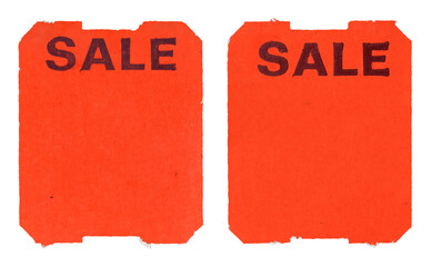 Vintage (1990s) fluorescent orange sale price stickers on transparent background.