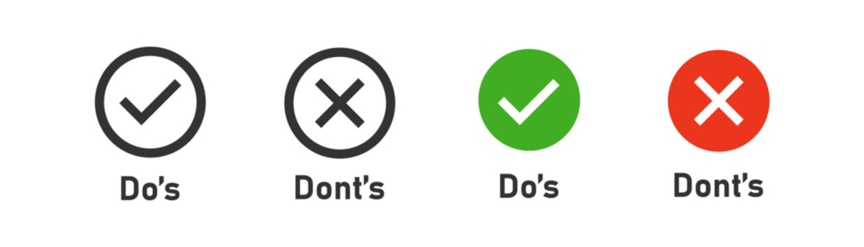 Do's and dont's icon on light background. Positive, negative symbol. Instruction, work, green chek mark, red cross. Outline, flat and colored style. Flat design. Vector illustration