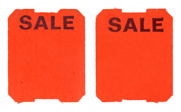 Vintage (1990s) fluorescent orange sale price stickers on transparent background.