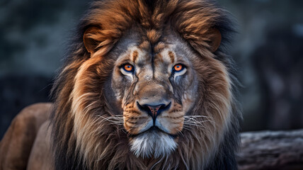 Fototapeta premium Lion power and majesty emphasized by a telephoto lens. Generative AI
