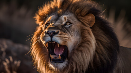 Lion power and majesty emphasized by a telephoto lens. Generative AI