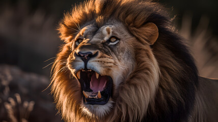 Obraz premium Lion power and majesty emphasized by a telephoto lens. Generative AI