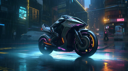 3D futuristic Bike gliding through a rain-soaked cyberpunk cityscape generative ai