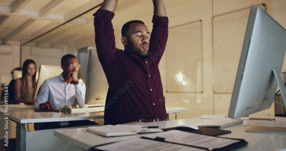 Aufkleber Stretching, night and a tired businessman on a computer for a deadline, overtime or late shift. Stretch, stress and a corporate employee with work fatigue while working on a pc in the evening