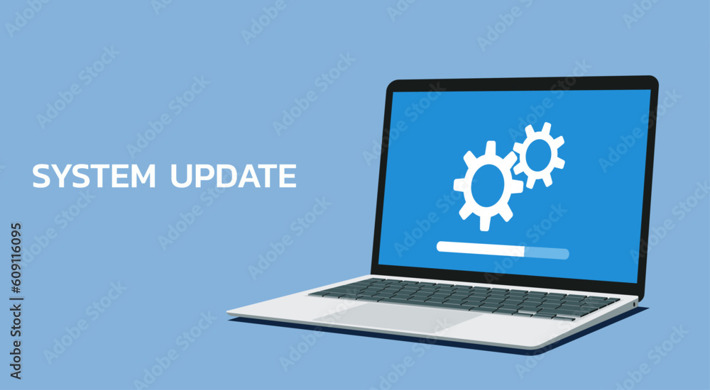 Poster laptop computer with software system update and development concept, vector flat illustration