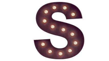 Light bulb glowing letter alphabet character S font. Front view illuminated capital symbol on black background. 3d rendering illustration