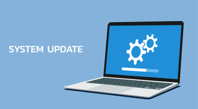 laptop computer with software system update and development concept, vector flat illustration	
