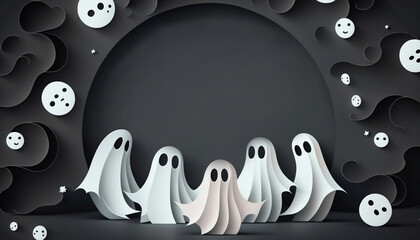 Halloween banner with cute ghosts on a portal black background. Paper cut style. Generated AI