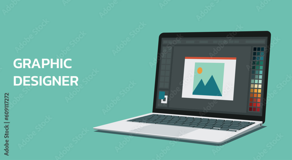 Poster photo or image editing program software on a computer laptop for graphic designer users with color picker tab or color swatch on the screen, vector flat illustration