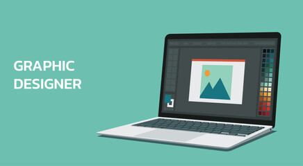 photo or image editing program software on a computer laptop for graphic designer users with color picker tab or color swatch on the screen, vector flat illustration