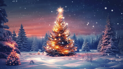 Christmas winter blurred background, Xmas tree with snow decorated with garland lights. Generative ai