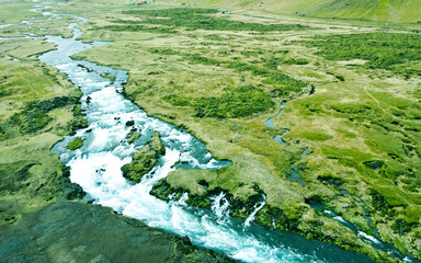 Aerial view of the beautiful northern river, the landscape of Iceland. Photography for tourism background, design and advertising