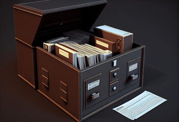 File cabinet. Box with old paper cards, archive, inventory concept. Wardrobe with drawers for storage of credentials, old fashioned. AI generated.